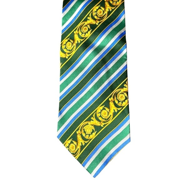 Authentic VERSACE 100% Silk Gold Blue & Green Scroll Stripe Men’s Neck Tie - Picture 5 of 8